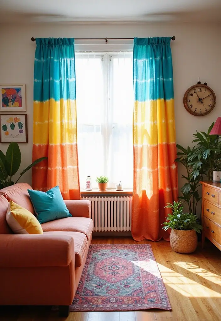 25 Living Room Curtain Ideas That Instantly Elevate Your Space - 13. Tie-Dye Curtain Panels