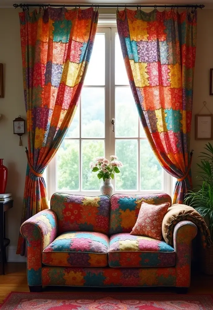 25 Living Room Curtain Ideas That Instantly Elevate Your Space - 15. Patchwork Curtains from Scrap Fabrics