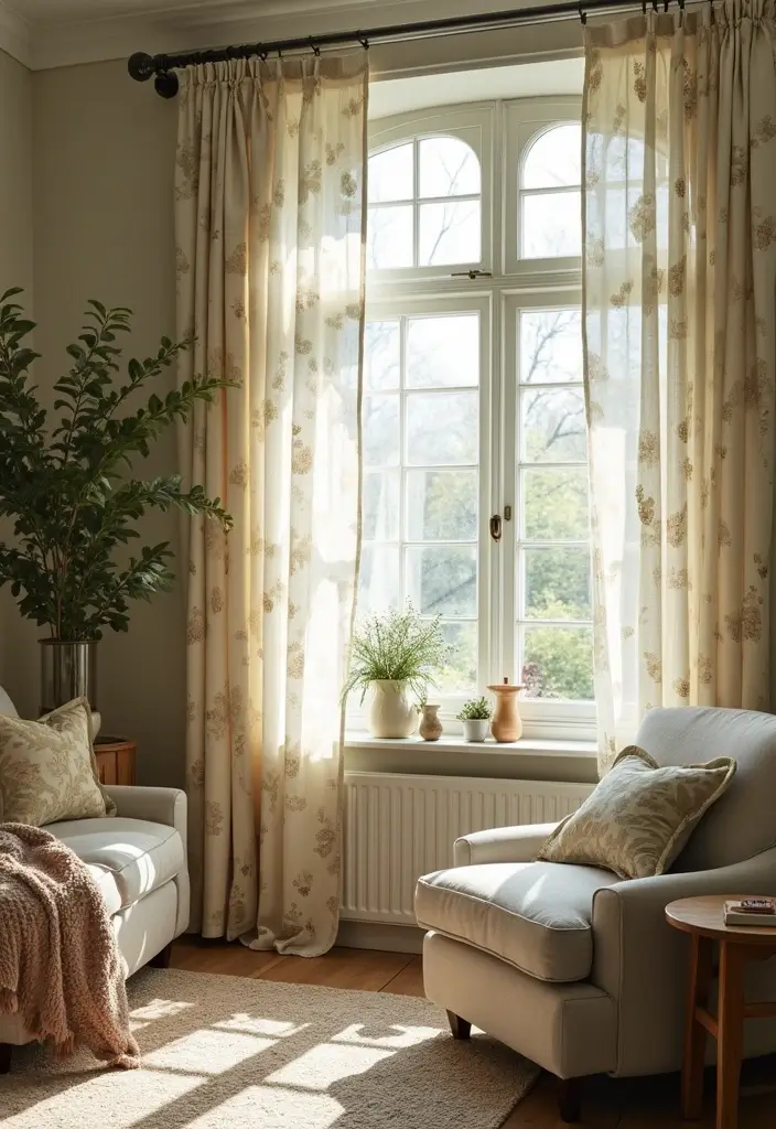 25 Living Room Curtain Ideas That Instantly Elevate Your Space - 21. Nature-Inspired Patterned Drapes