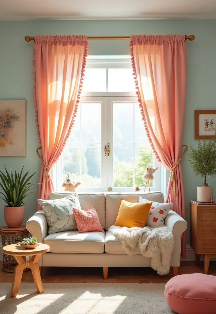 25 Living Room Curtain Ideas That Instantly Elevate Your Space - 24. Fun Pom-Pom Trim Curtains