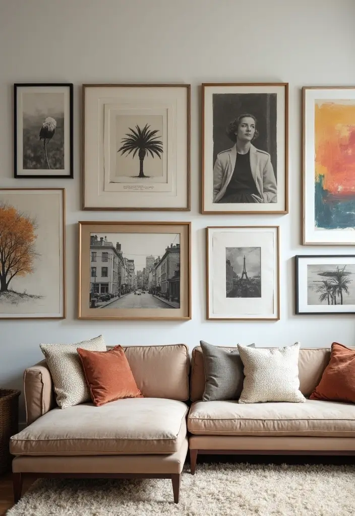 27 Canvas Picture Wall Ideas for Your Eclectic Living Room That Tell a Story - 1. Vintage Revival: Frames and Canvases