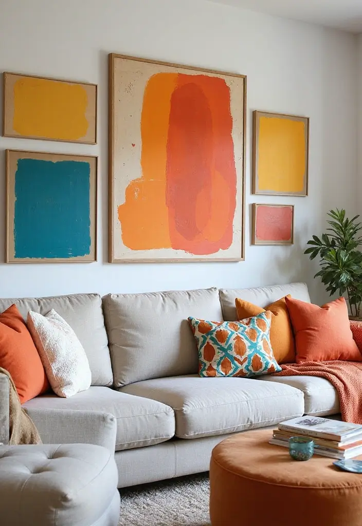 27 Canvas Picture Wall Ideas for Your Eclectic Living Room That Tell a Story - 10. Color Pop: Bold and Bright