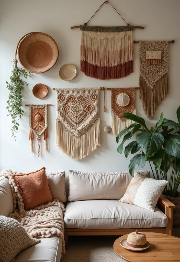 27 Canvas Picture Wall Ideas for Your Eclectic Living Room That Tell a Story - 2. Boho Bliss: Layered Textures