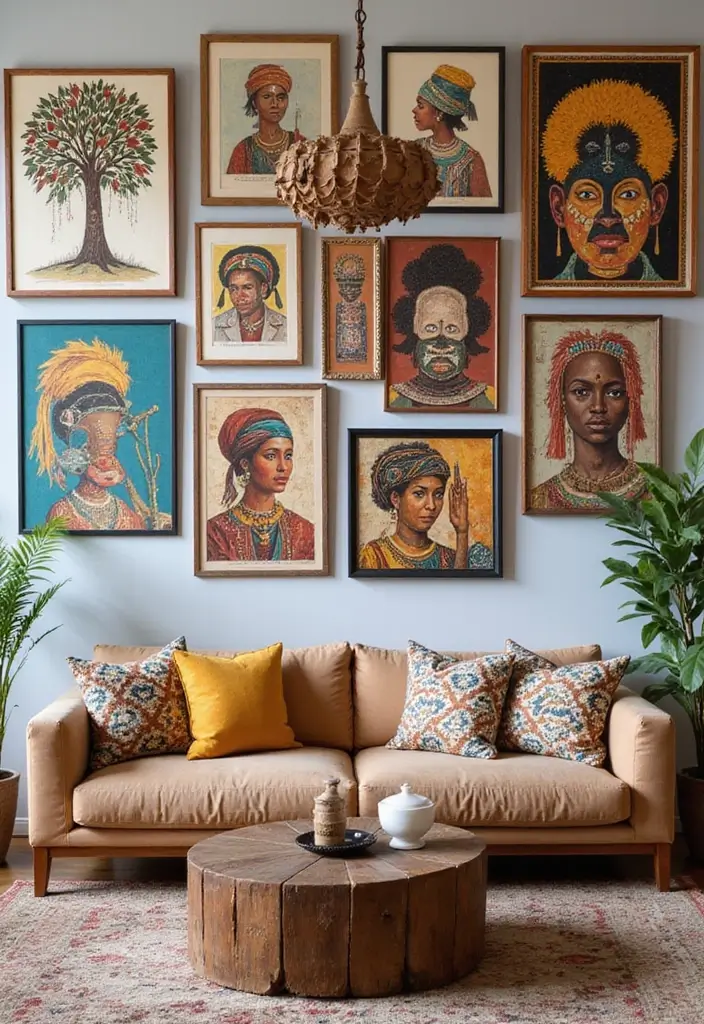 27 Canvas Picture Wall Ideas for Your Eclectic Living Room That Tell a Story - 24. A Touch of Culture: Ethnic and Global Art