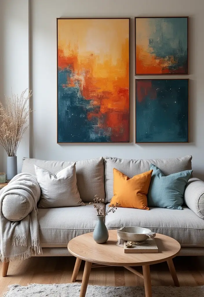 27 Canvas Picture Wall Ideas for Your Eclectic Living Room That Tell a Story - 26. Soulful Abstract: Emotions on Canvas