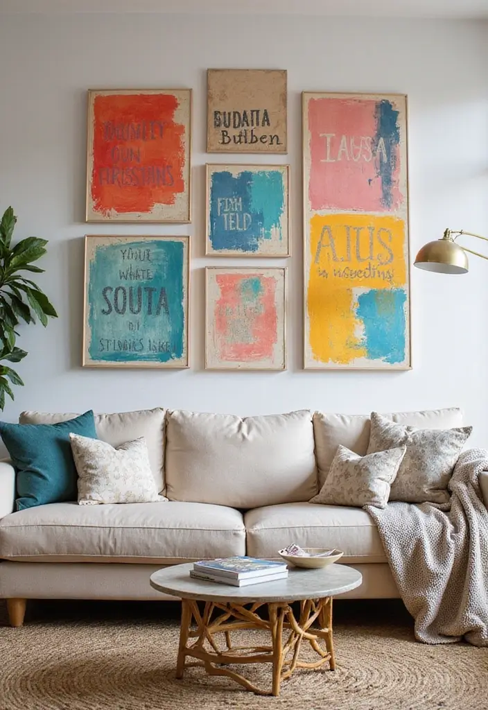 27 Canvas Picture Wall Ideas for Your Eclectic Living Room That Tell a Story - 27. Mix and Match: Text and Art