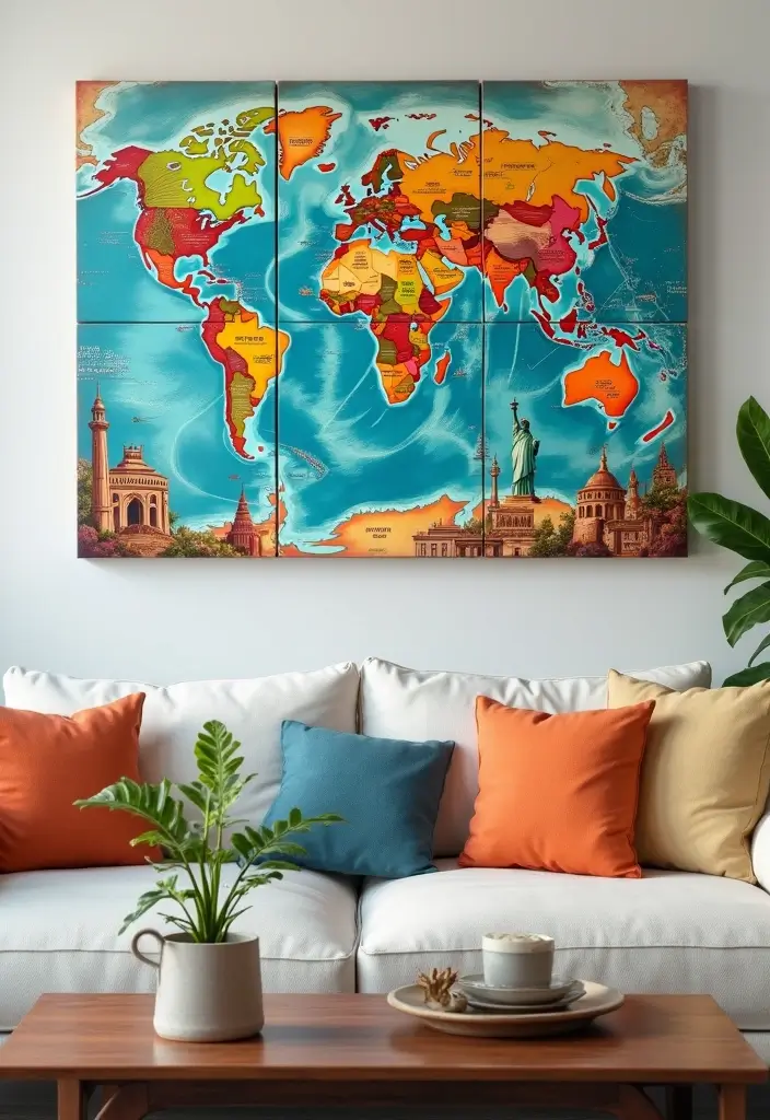 27 Canvas Picture Wall Ideas for Your Eclectic Living Room That Tell a Story - 3. Travel Stories: A World Tour on Canvas