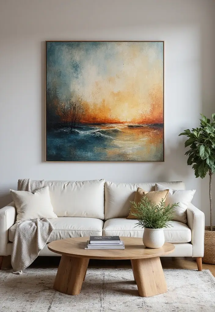 27 Canvas Picture Wall Ideas for Your Eclectic Living Room That Tell a Story - 6. Dramatic Centerpiece: One Large Canvas