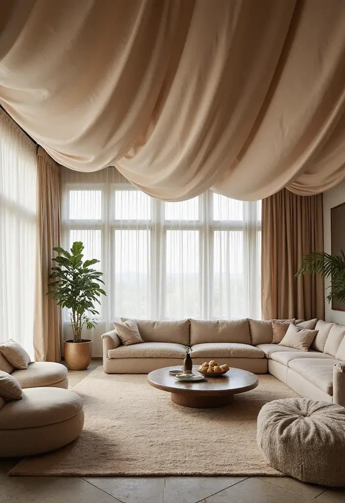 27 Ceiling Ideas Living Room That Feel Bright and Stylish - 12. Fabric Draped Ceilings