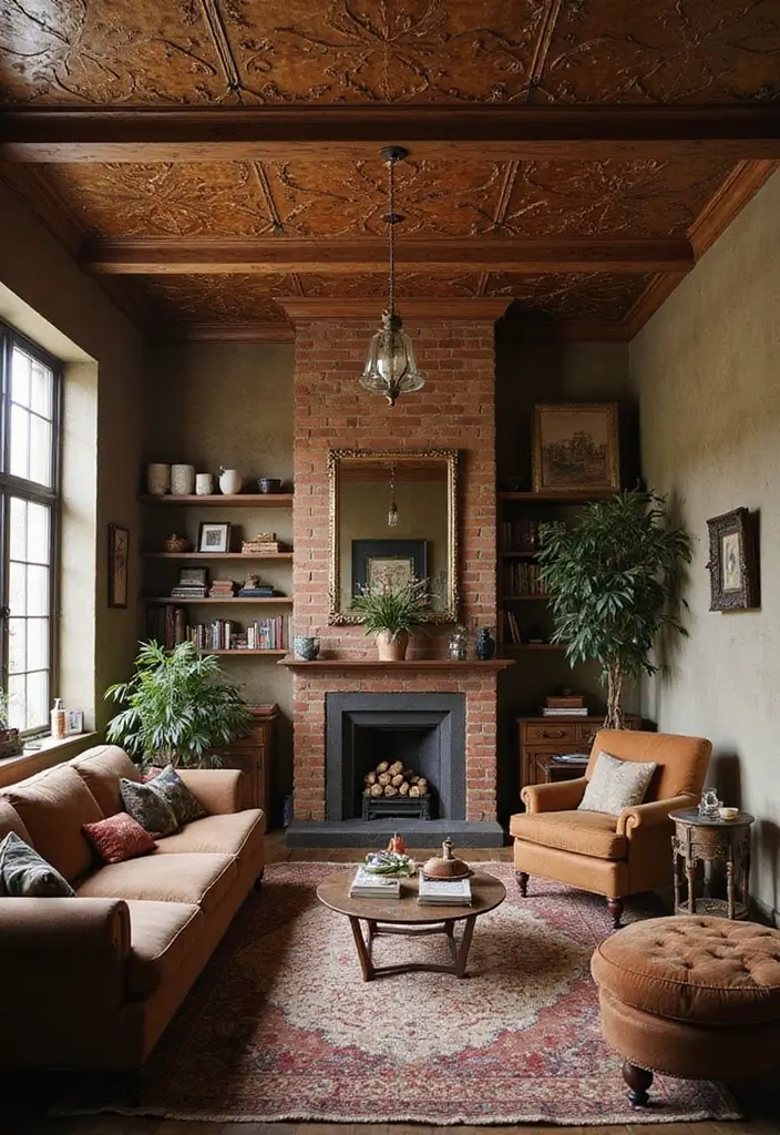 27 Ceiling Ideas Living Room That Feel Bright and Stylish - 17. Vintage Tin Tiles