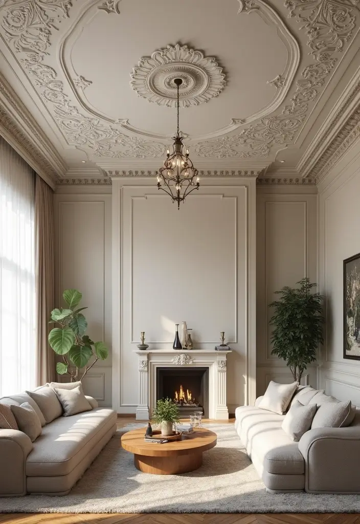 27 Ceiling Ideas Living Room That Feel Bright and Stylish - 19. Intricate Ceiling Stencils