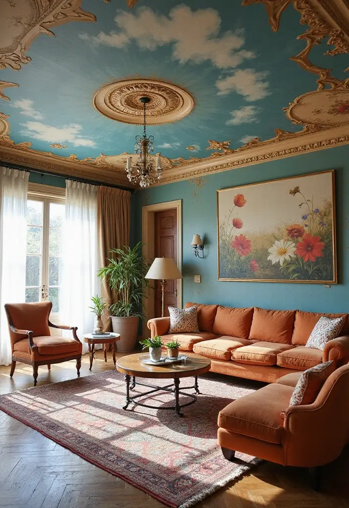 27 Ceiling Ideas Living Room That Feel Bright and Stylish - 21. Artistic Murals