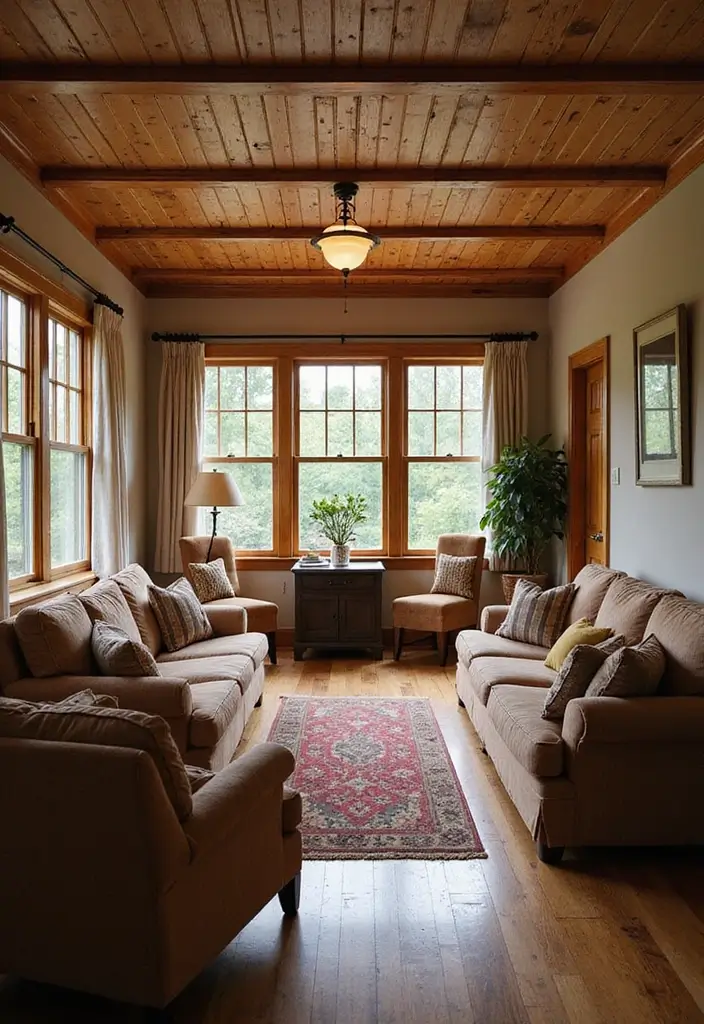 27 Ceiling Ideas Living Room That Feel Bright and Stylish - 22. Vintage Wood Paneling