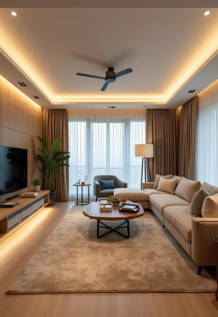 27 Ceiling Ideas Living Room That Feel Bright and Stylish - 26. Bright Lighting Features