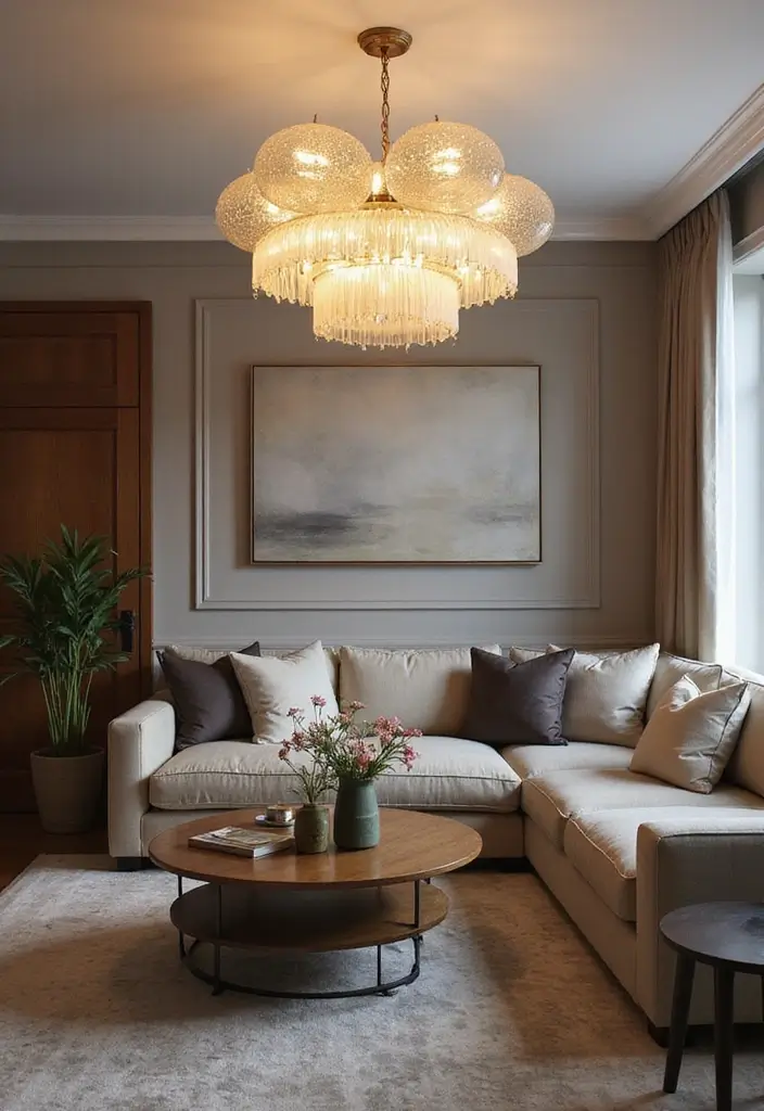 27 Ceiling Ideas Living Room That Feel Bright and Stylish - 6. Statement Lighting Fixtures