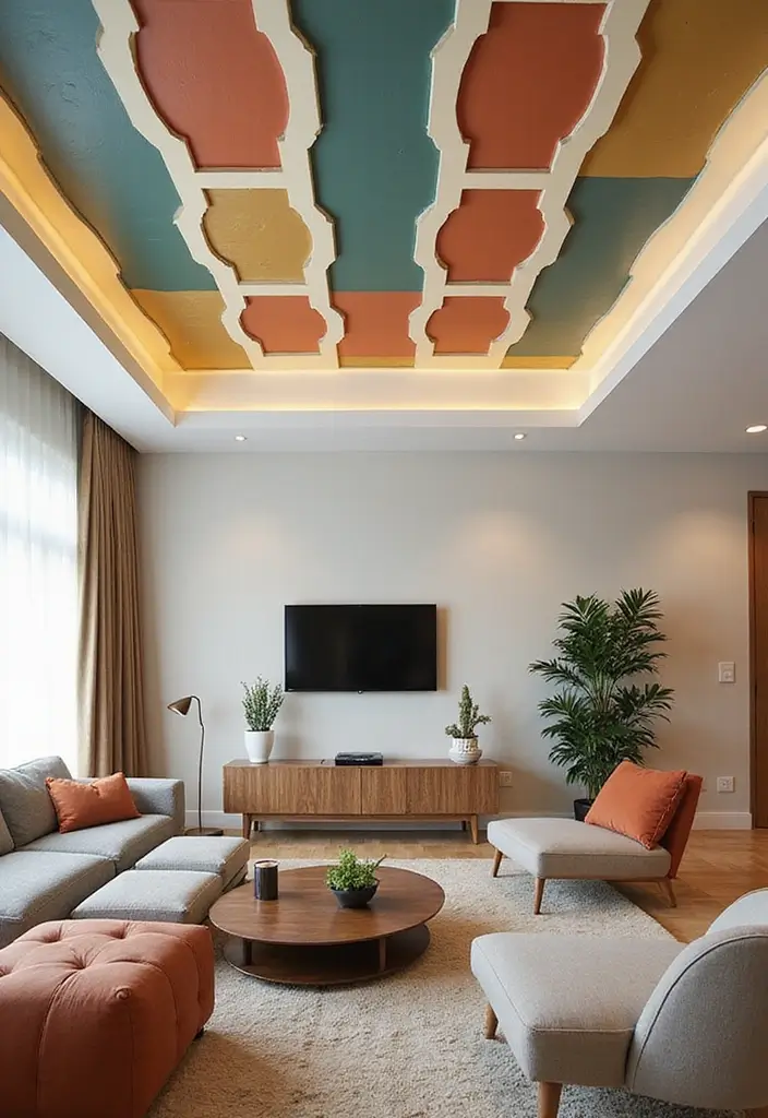 27 Ceiling Ideas Living Room That Feel Bright and Stylish - 9. Painted Geometric Patterns