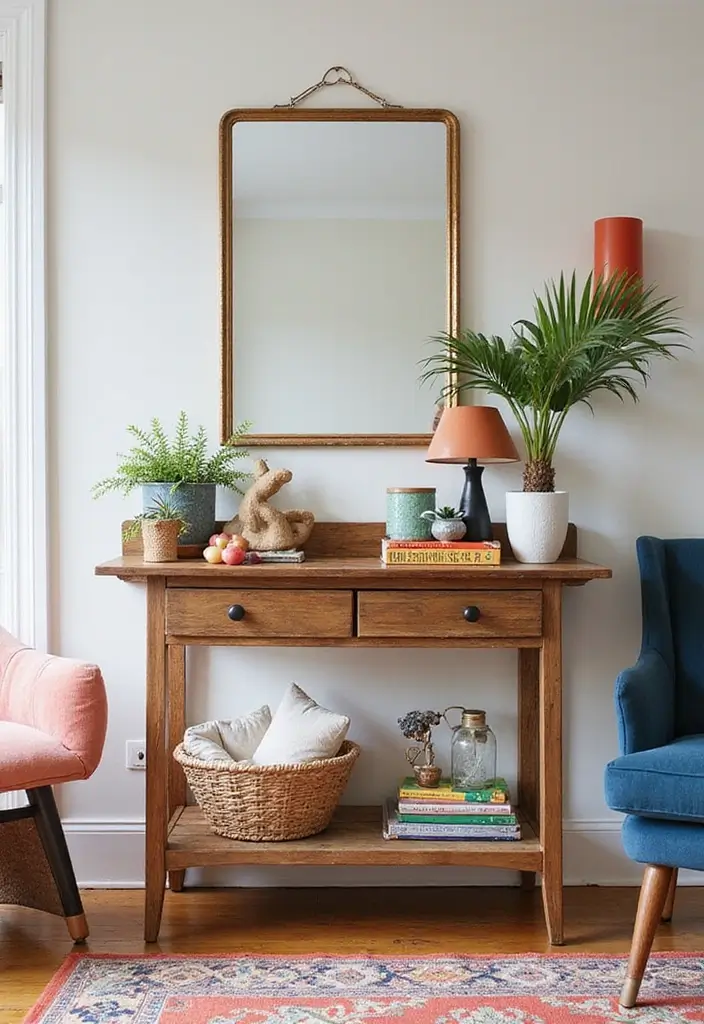 27 Console Table in Living Room Ideas That Add Function and Style - 10. Eclectic Mix