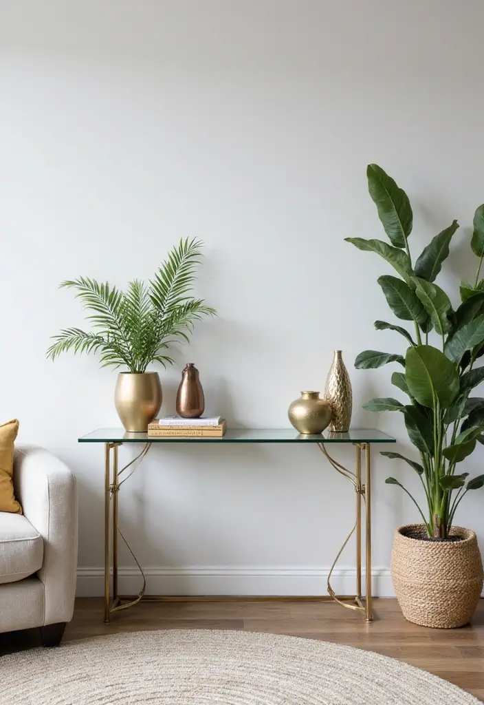 27 Console Table in Living Room Ideas That Add Function and Style - 11. Sleek Glass Accents