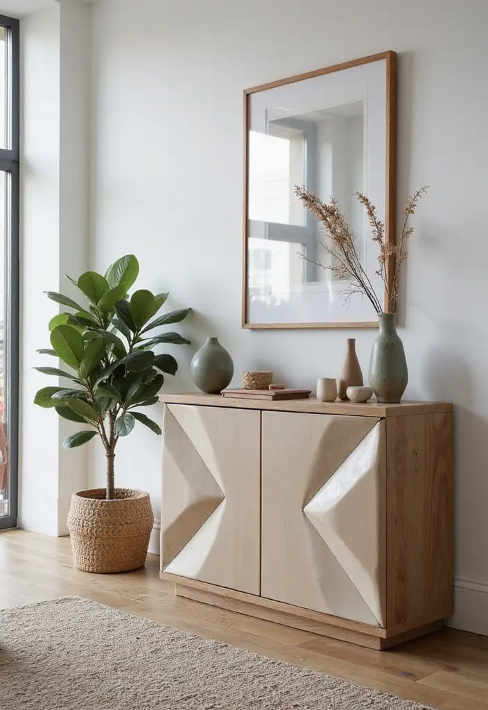 27 Console Table in Living Room Ideas That Add Function and Style - 21. Geometric Designs