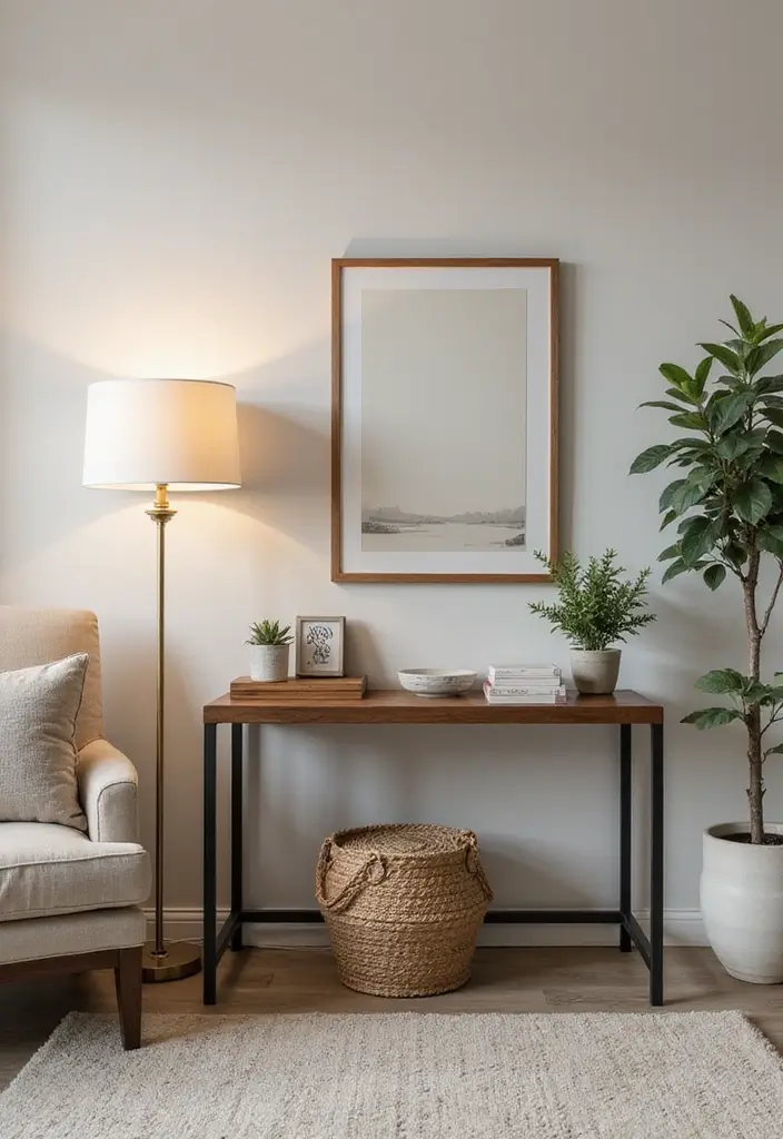 27 Console Table in Living Room Ideas That Add Function and Style - 24. Corner Console Table