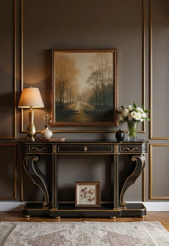 27 Console Table in Living Room Ideas That Add Function and Style - 25. Art Deco Inspired