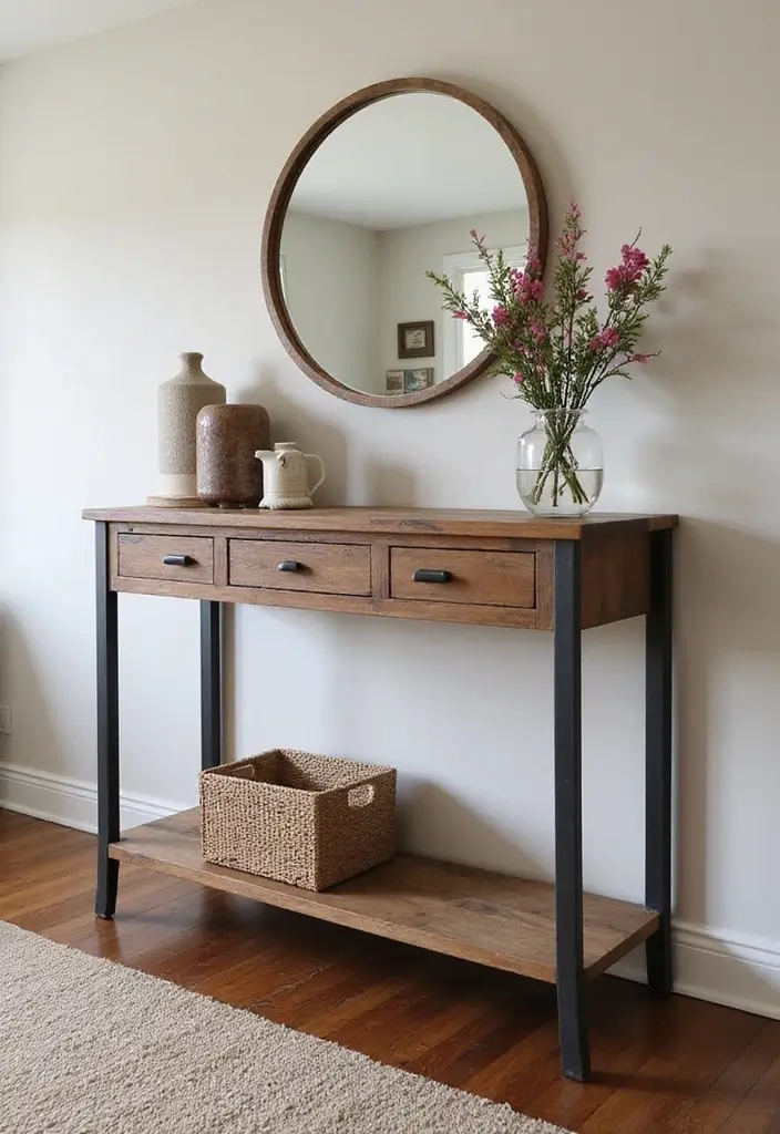 27 Console Table in Living Room Ideas That Add Function and Style - 7. Mixing Materials