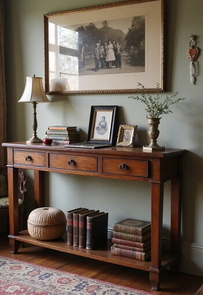 27 Console Table in Living Room Ideas That Add Function and Style - 8. Vintage Finds