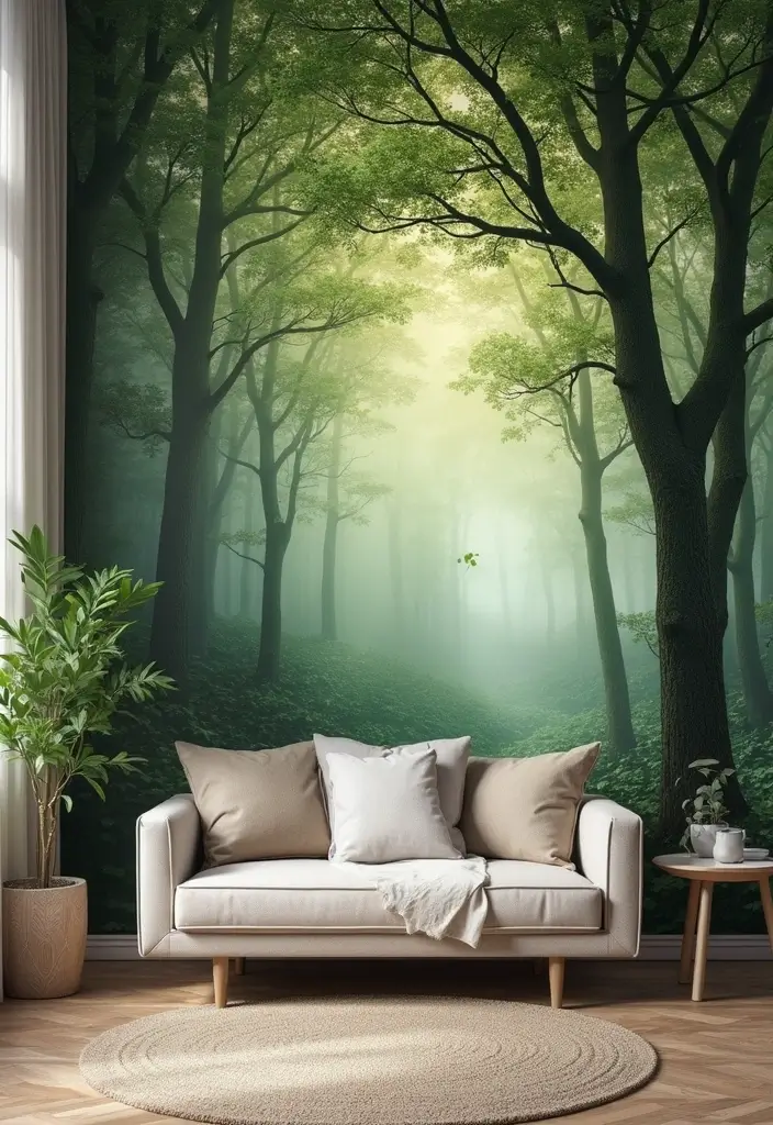 27 Forest Themed Living Room Ideas That Bring Nature Inside - 11. Woodland-inspired Wallpaper