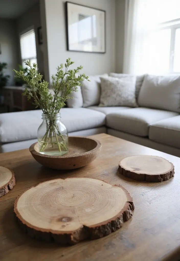 27 Forest Themed Living Room Ideas That Bring Nature Inside - 21. Wood Slice Accents