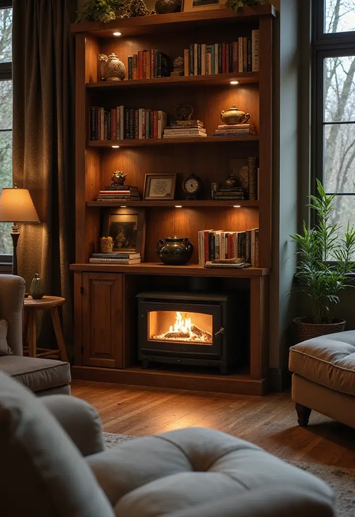 27 Gas Heaters Living Room Ideas That Add Warmth and Comfort - 11. Gas Heater with Integrated Bookshelf