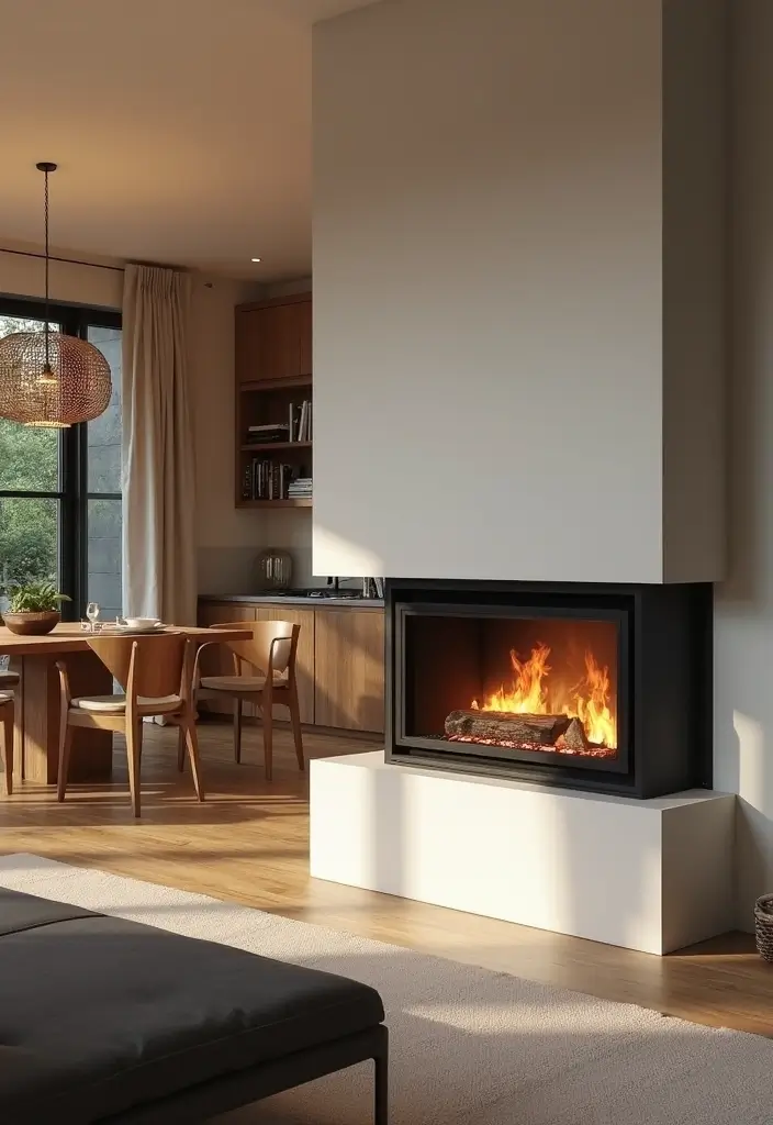 27 Gas Heaters Living Room Ideas That Add Warmth and Comfort - 12. Modern Dual-Sided Gas Heater
