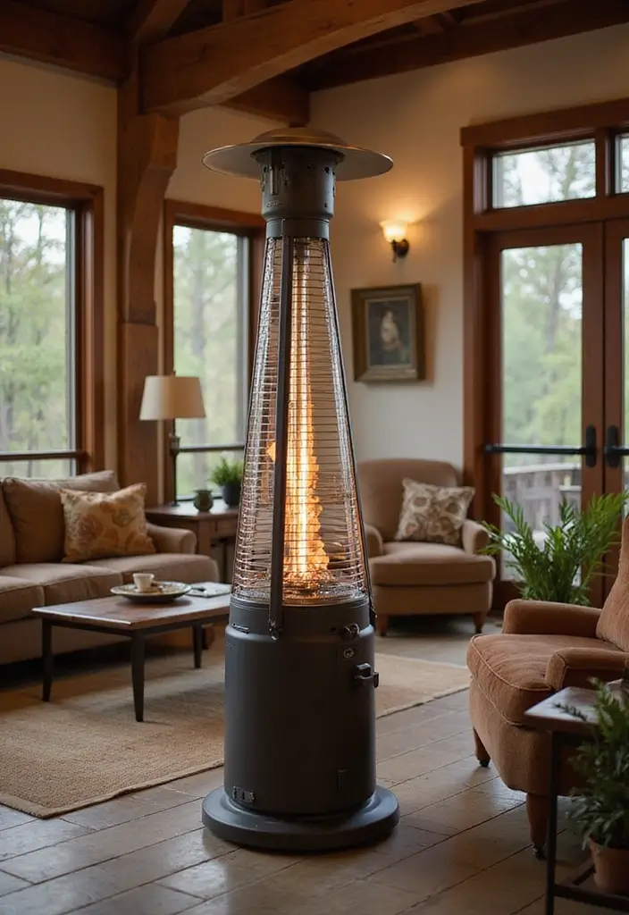 27 Gas Heaters Living Room Ideas That Add Warmth and Comfort - 14. Outdoor-Style Gas Heater for Indoor Use