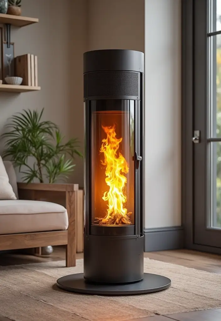 27 Gas Heaters Living Room Ideas That Add Warmth and Comfort - 15. Artistic Gas Heater Sculpture