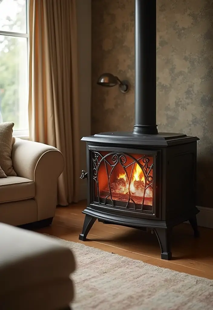 27 Gas Heaters Living Room Ideas That Add Warmth and Comfort - 18. Gas Heater with Decorative Front Panel