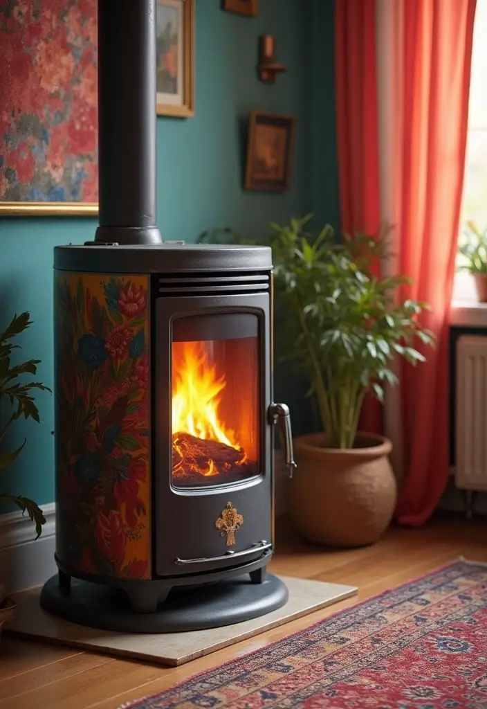 27 Gas Heaters Living Room Ideas That Add Warmth and Comfort - 21. Gas Heater with Unique Artistic Design