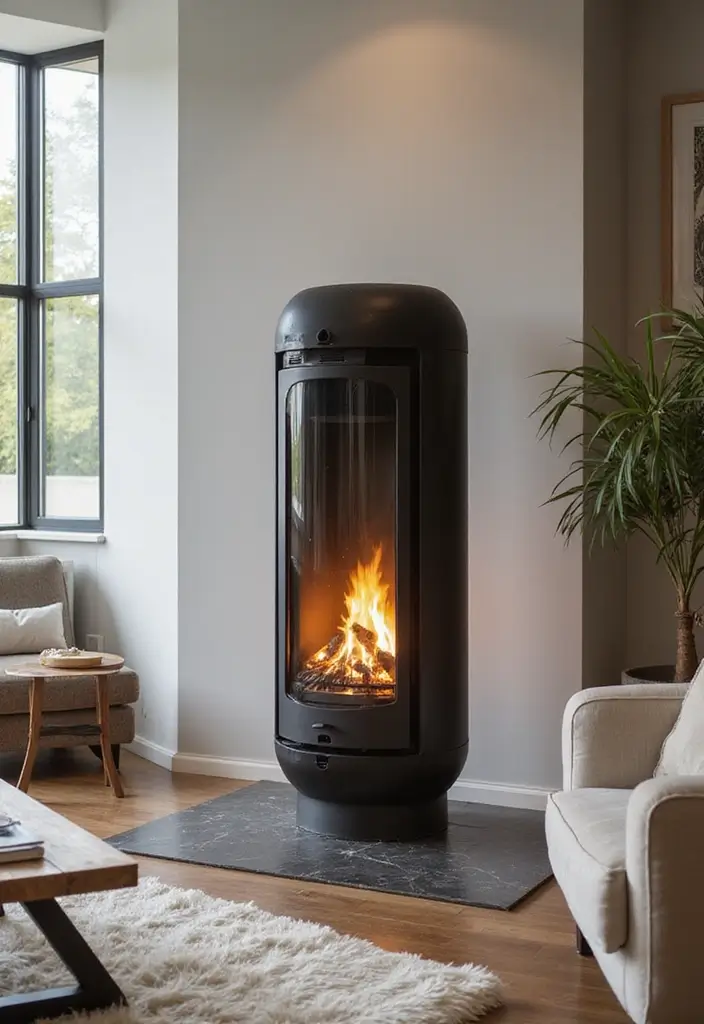 27 Gas Heaters Living Room Ideas That Add Warmth and Comfort - 25. Eye-Catching Geometric Gas Heater