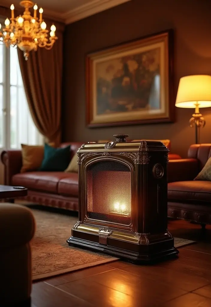 27 Gas Heaters Living Room Ideas That Add Warmth and Comfort - 27. Elegant Art Deco Gas Heater
