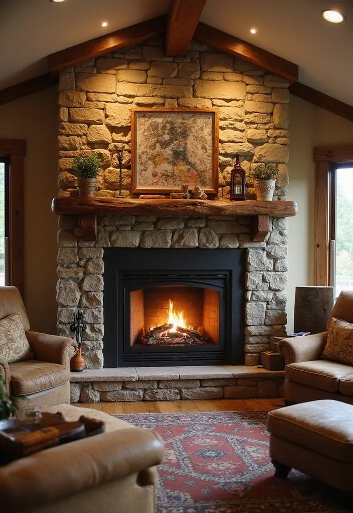 27 Gas Heaters Living Room Ideas That Add Warmth and Comfort - 8. Rustic Gas Fireplace with Stone Surround