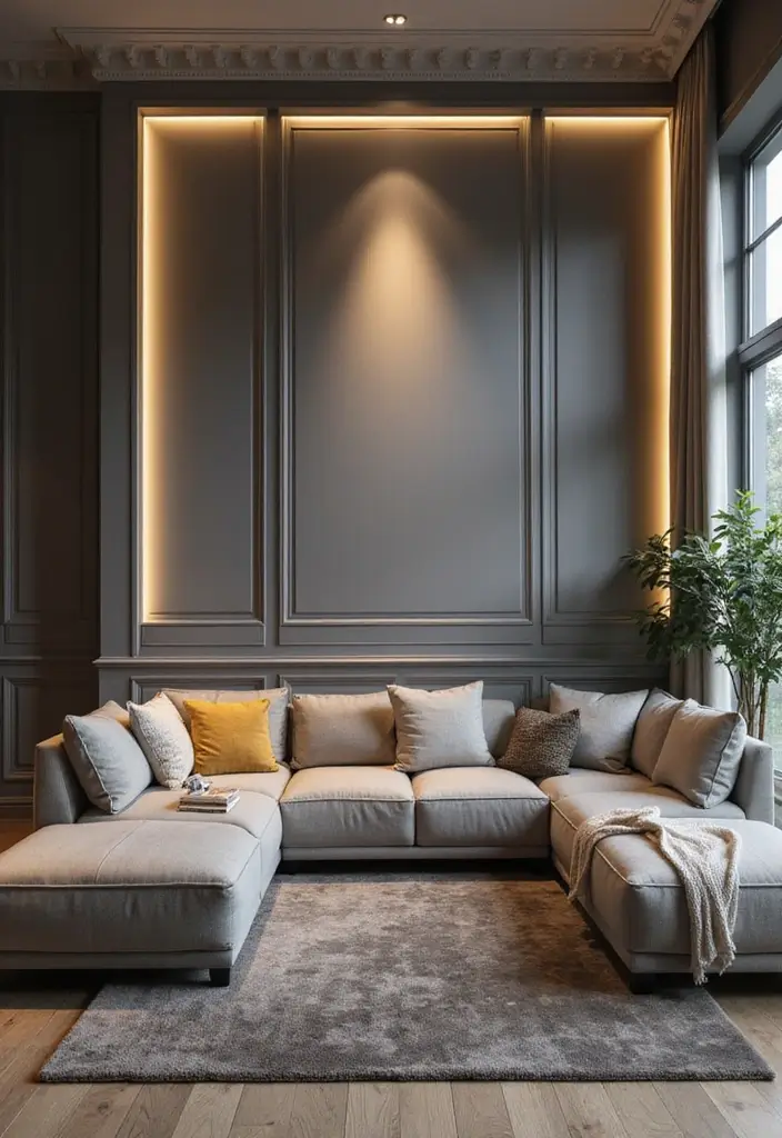 27 Grey Panelling Living Room Ideas That Add Depth and Texture - 10. Layered Lighting