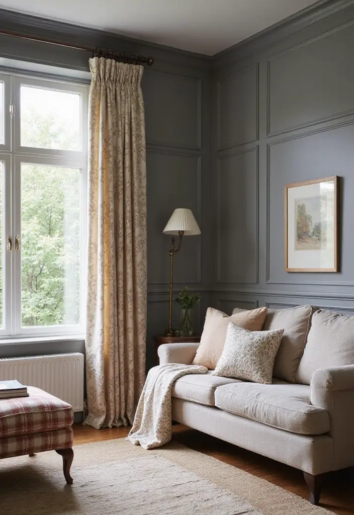 27 Grey Panelling Living Room Ideas That Add Depth and Texture - 11. Curtains and Drapery