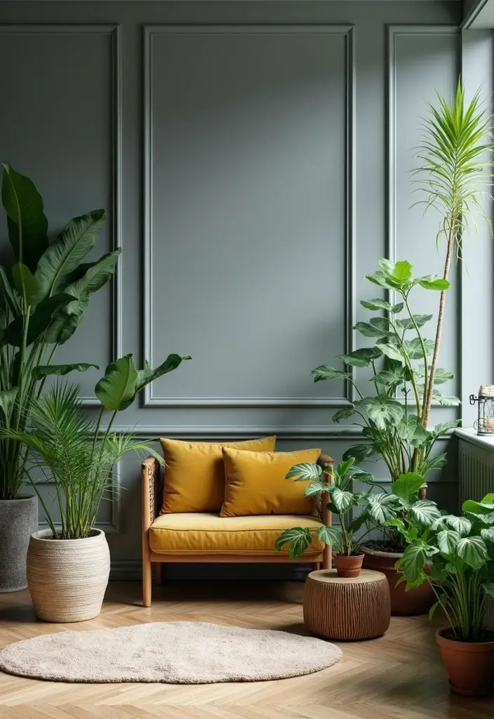 27 Grey Panelling Living Room Ideas That Add Depth and Texture - 13. Incorporate Greenery