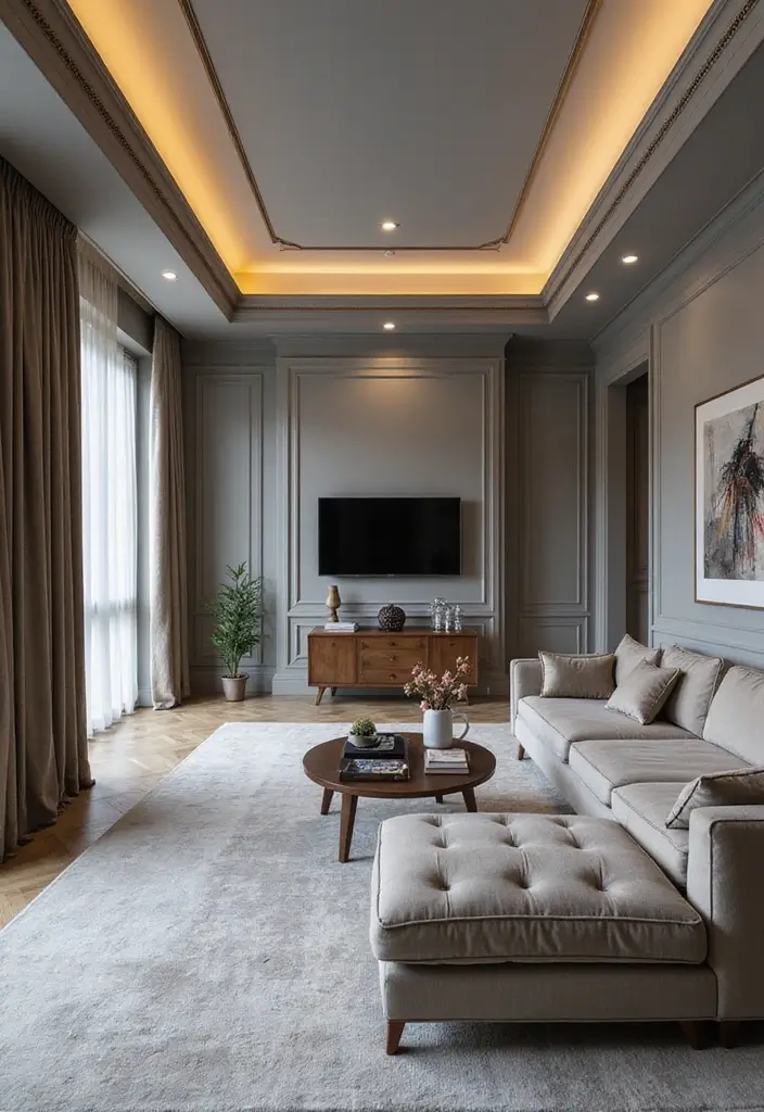 27 Grey Panelling Living Room Ideas That Add Depth and Texture - 14. Ceiling Features