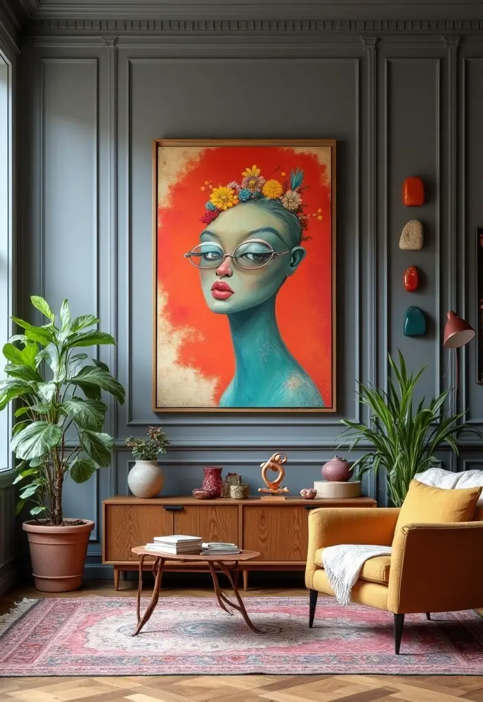 27 Grey Panelling Living Room Ideas That Add Depth and Texture - 21. Artistic Touches