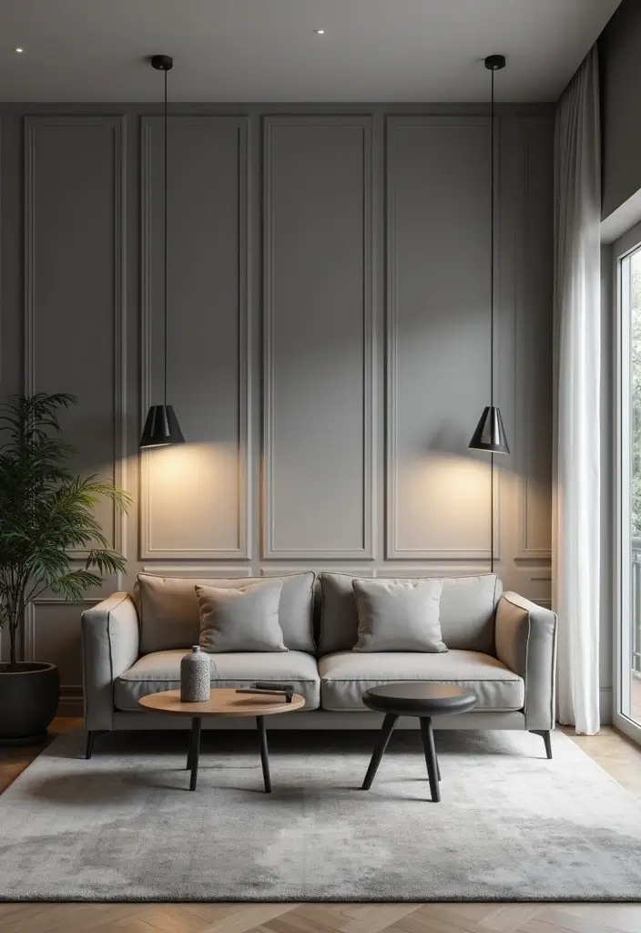 27 Grey Panelling Living Room Ideas That Add Depth and Texture - 24. Minimalist Lighting Fixtures