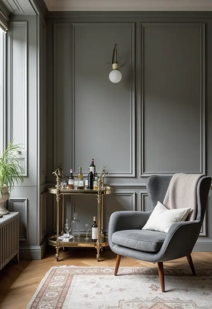 27 Grey Panelling Living Room Ideas That Add Depth and Texture - 25. Incorporate a Bar Cart