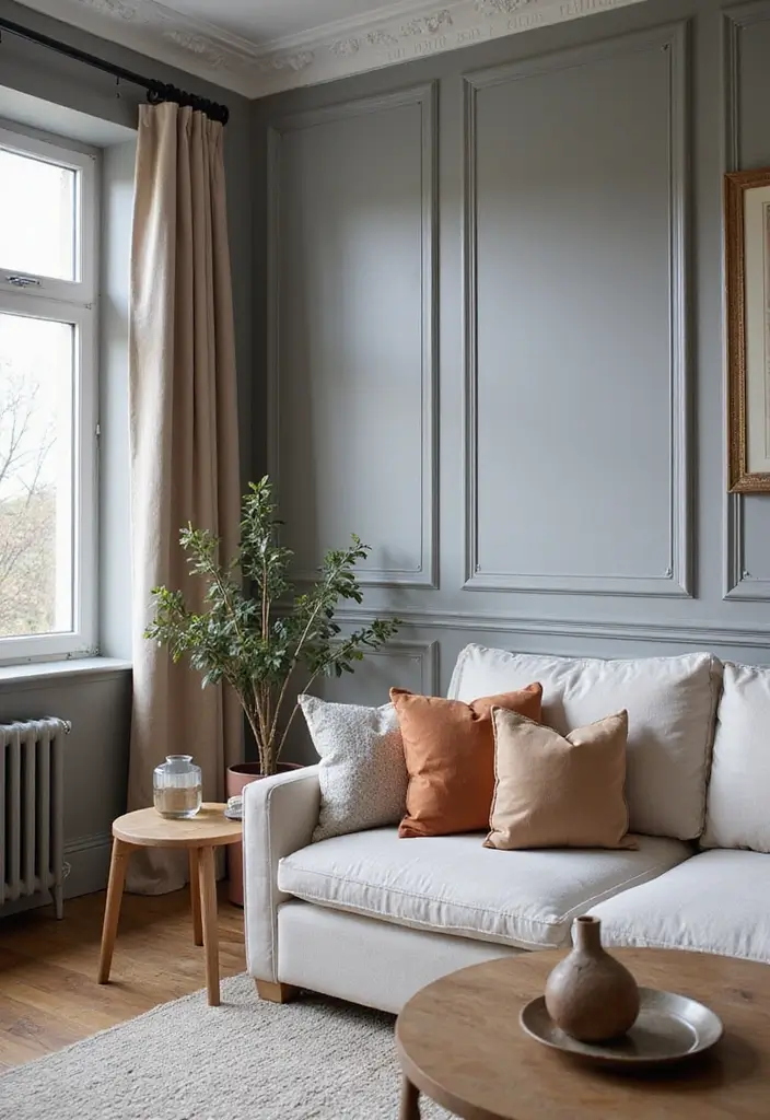 27 Grey Panelling Living Room Ideas That Add Depth and Texture - 27. Seasonal Decor Swaps