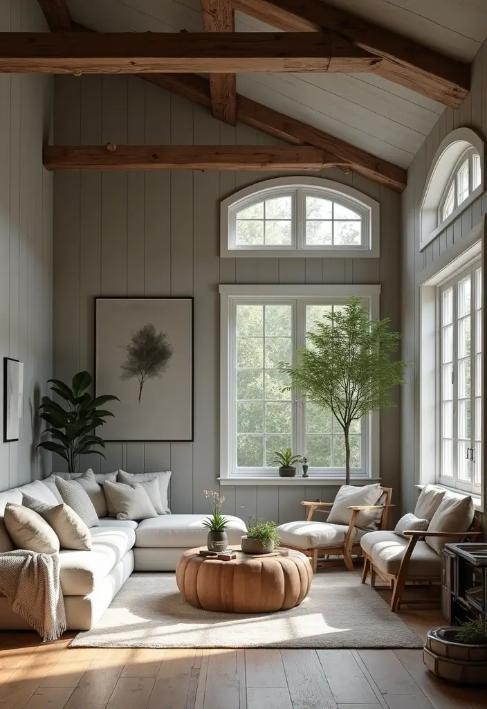 27 Grey Panelling Living Room Ideas That Add Depth and Texture - 3. Rustic Beams
