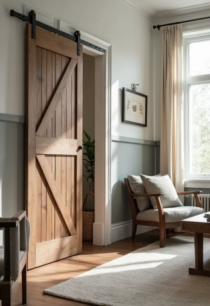 27 Half Wall Paneling Ideas Living Room That Add Depth and Texture - 13. Rustic Feel with Barn Doors