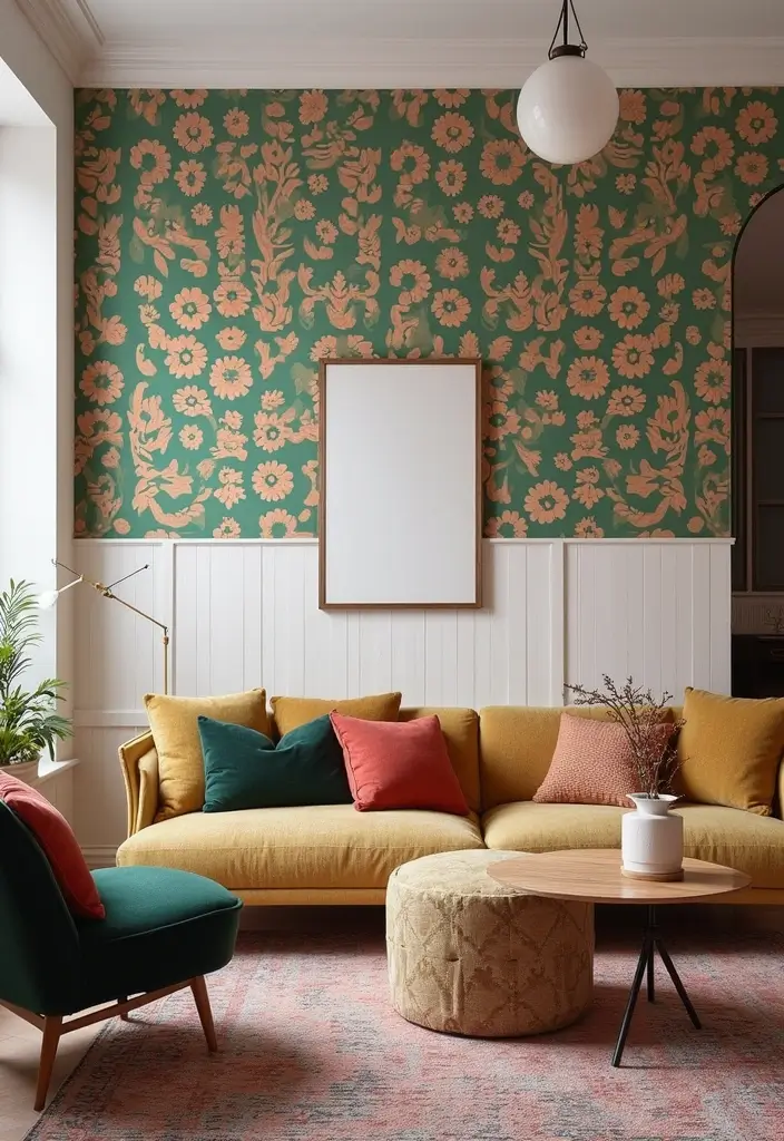 27 Half Wall Paneling Ideas Living Room That Add Depth and Texture - 15. Wallpapered Panels