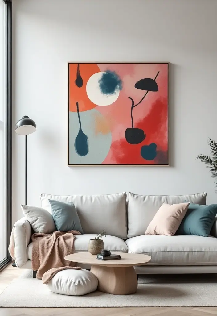27 Living Room Art Above Couch Ideas That Look Balanced and Elegant - 1. Oversized Abstract Canvas